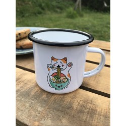 Mug Tasse timbale en métal - Acier émaillé - Maneki neko et ramens
