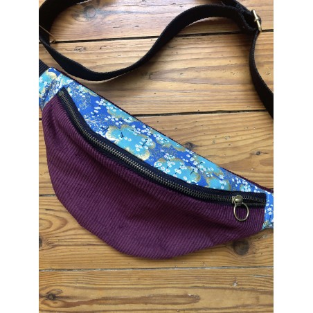 Sac banane en velours côtelé-  sakura cerisiers - Fabriqué artisanalement en France